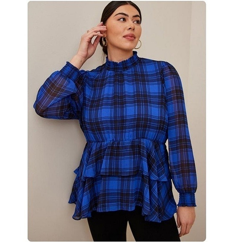 Torrid Tartan Plaid Crinkle Chiffon Smock Neck Ruffle Tiered Blouse Blue 1X